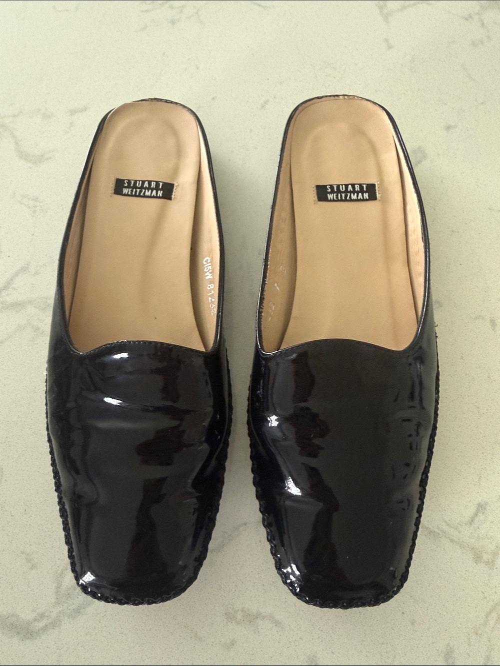 Stuart Weitzman Black Patent Leather Slip On Mules - Size 7